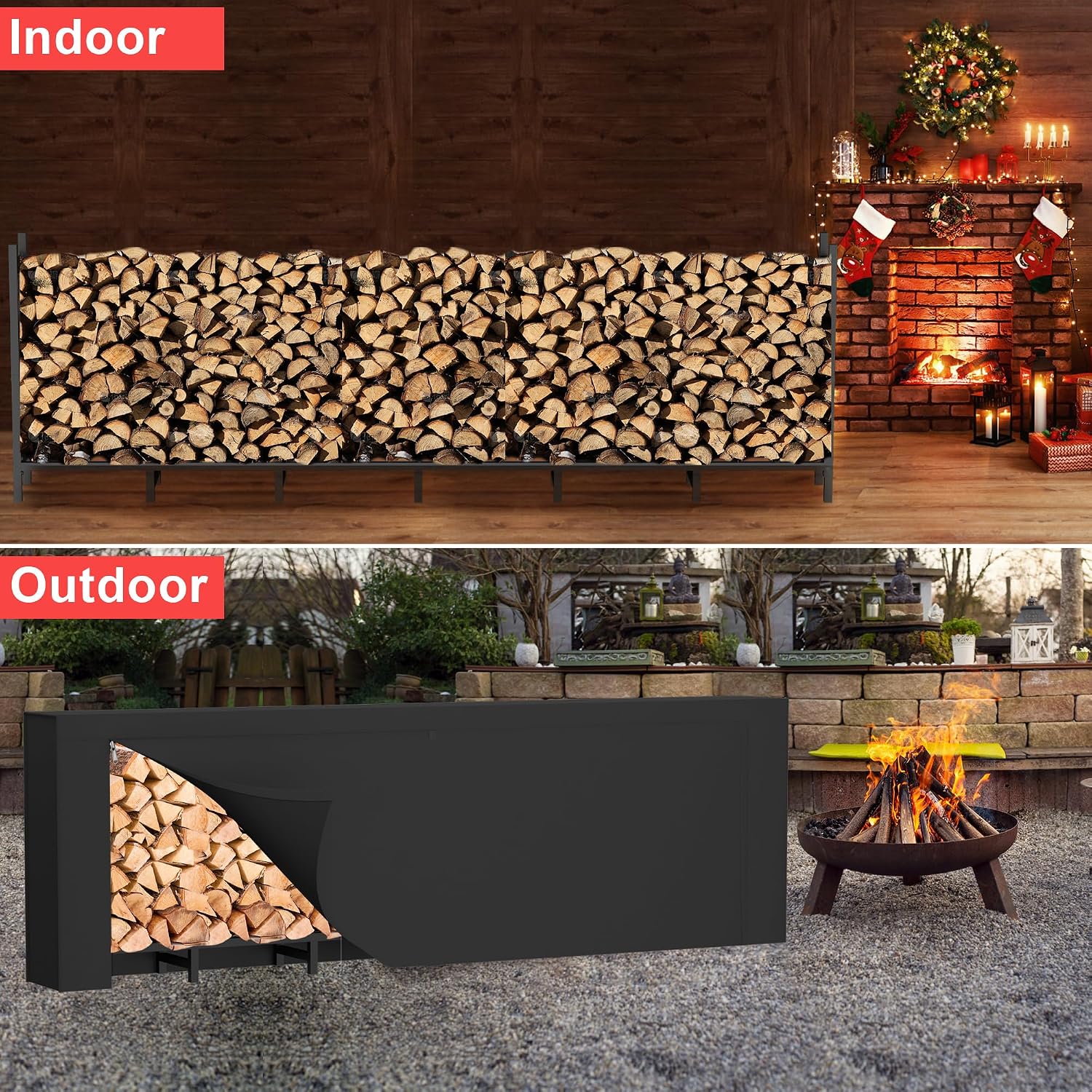 DIAMONDFORGE 8ft Firewood Rack Outdoor with Cover, Heavy Duty Fire Wood Stand, Metal Firewood Rack Indoor, Firewood Holder Storage, Log Wood Pile Racks Stand for Patio, Garden, Backyard, Matte Black