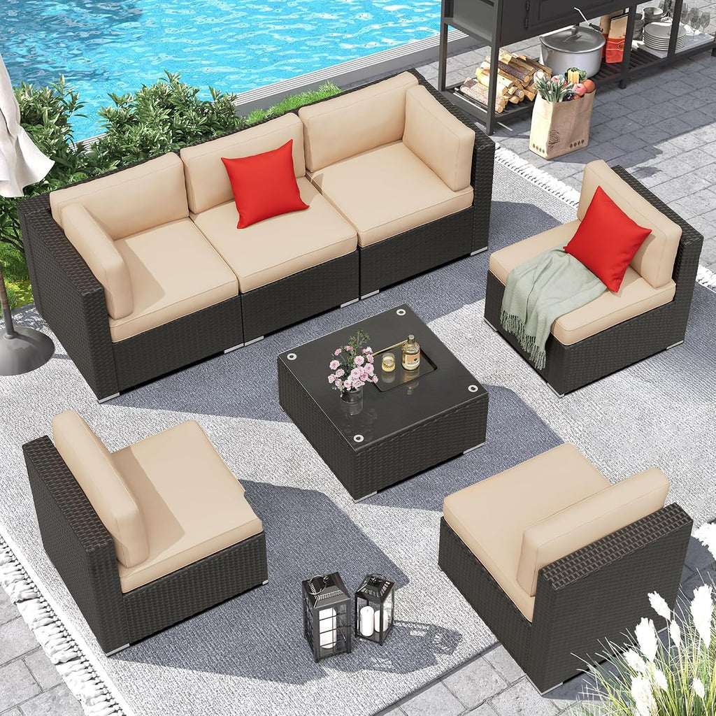 Incbruce 7-Piece Patio Furniture Set, All-Weather Conversation Set, PE Wicker Rattan Outdoor Sectional Couch with Glasstop Table and Removable Cushions (Brown)