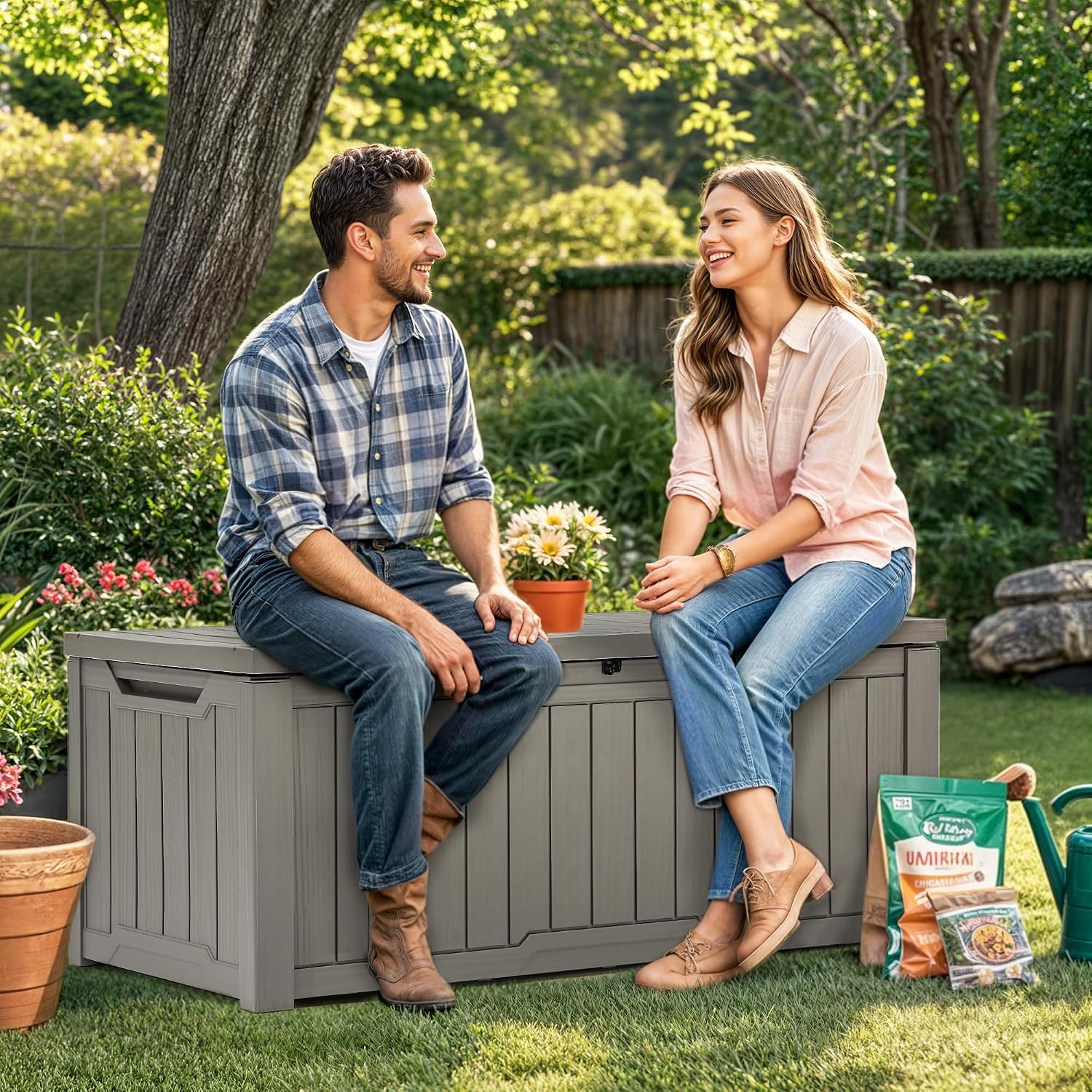 YITAHOME 120 Gallon Resin Deck Box, Weather Resistant Outdoor Storage Box for Patio Cushions, Garden Tools, Pool Supplies, Lockable, Easy Assembly, Extra Seat or Table (Light Brown)