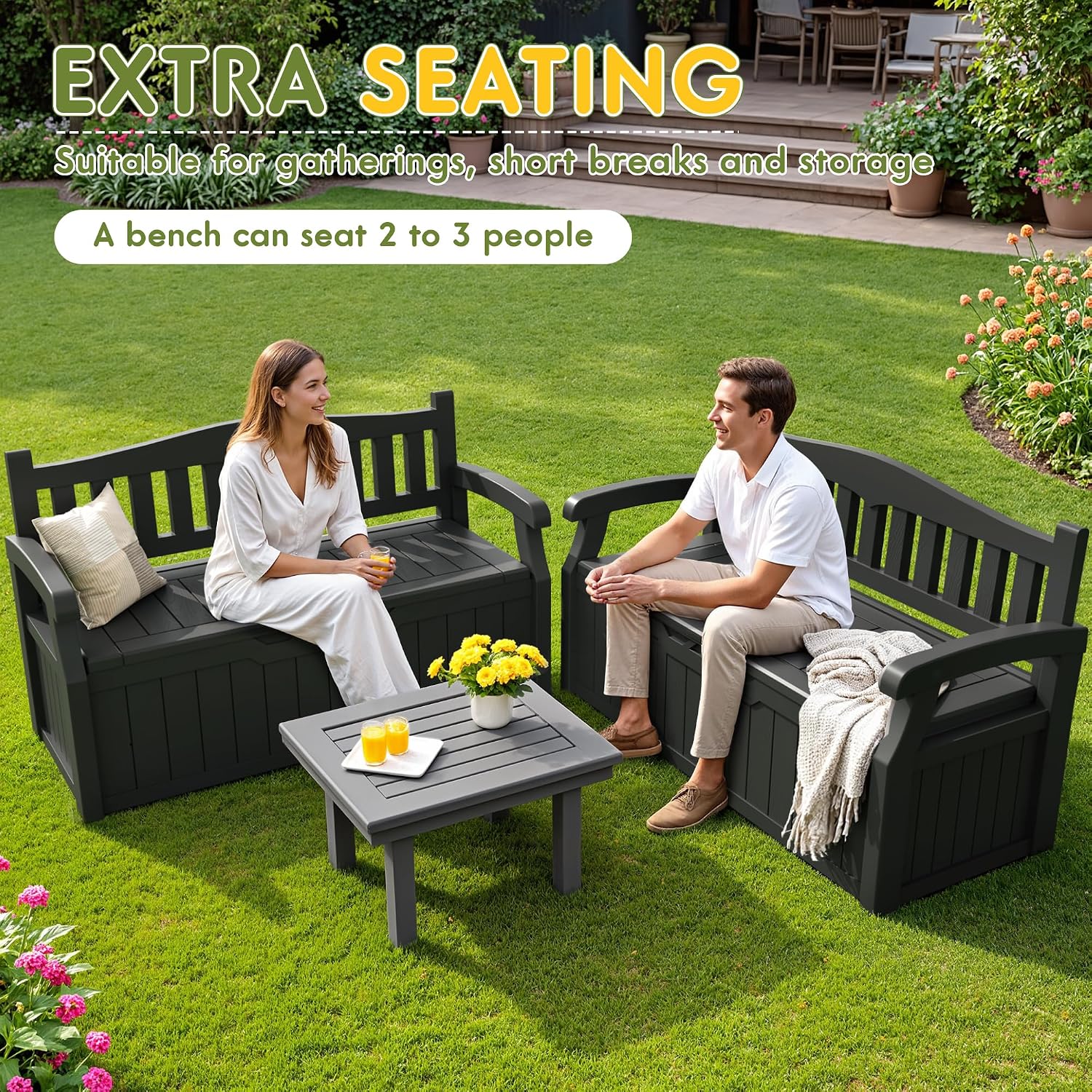 Greesum 80 Gallon Deck Box Storage Bench, Patio Furniture, Lockable, Waterproof and UV Resistant,with Armrest, Suitable for Garden, Porch, Poolside, Dark Black