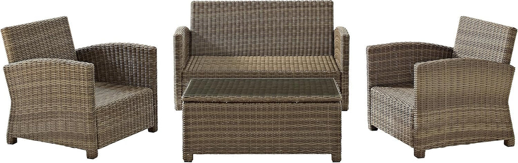 Crosley Furniture Bradenton 4-Piece Outdoor Loveseat Patio Furniture Set, Wicker Conversation Sets for Porch, Brown with Sand Cushions