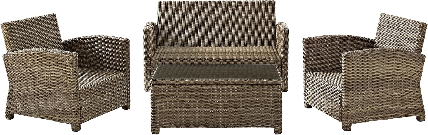 Crosley Furniture Bradenton 4-Piece Outdoor Loveseat Patio Furniture Set, Wicker Conversation Sets for Porch, Brown with Sand Cushions
