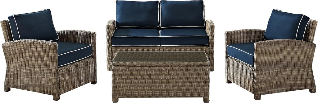 Crosley Furniture Bradenton 4-Piece Outdoor Loveseat Patio Furniture Set, Wicker Conversation Sets for Porch, Brown with Navy Cushions
