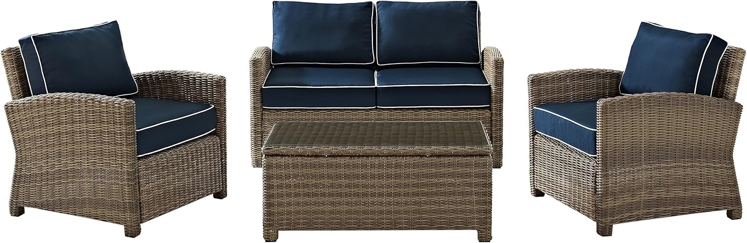 Crosley Furniture Bradenton 4-Piece Outdoor Loveseat Patio Furniture Set, Wicker Conversation Sets for Porch, Brown with Navy Cushions
