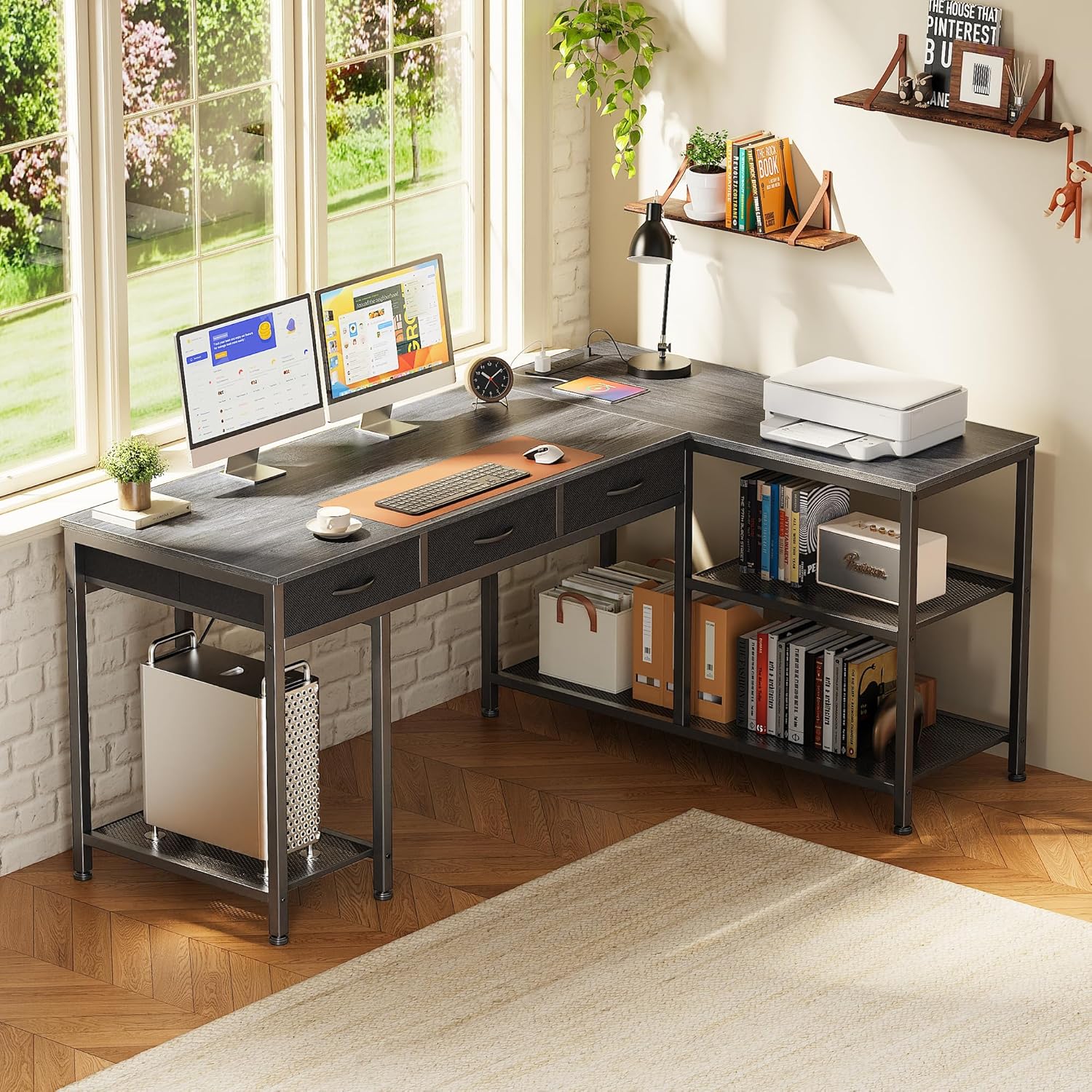 PRAISUN 55 Inch L Shaped Office Desk with Power Outlets and Type-C Port, Large Computer Gaming Desk with 3 Fabric Drawers, Mesh Shelves, Corner Study Work Writing Desk, Grey