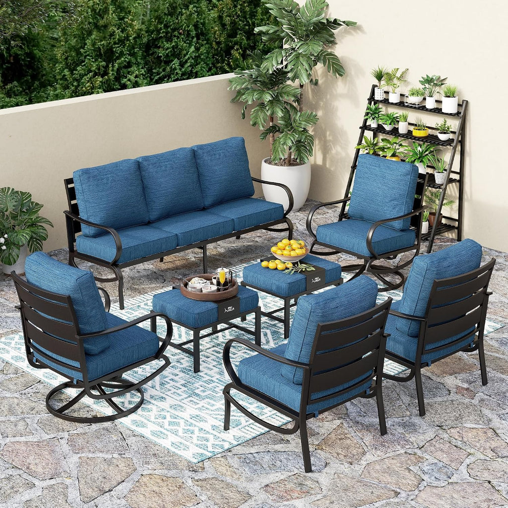 PHI VILLA 7 PCS Patio Furniture Set,Metal Outdoor Furniture with 1x 3 Seater Cushioned Deep Seating Bench Sofa, 2 Swivel Chair, 2 x Leg Chairs & 2 Ottoman for 7 Person, Peacock Blue