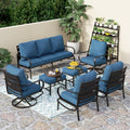 PHI VILLA 7 PCS Patio Furniture Set,Metal Outdoor Furniture with 1x 3 Seater Cushioned Deep Seating Bench Sofa, 2 Swivel Chair, 2 x Leg Chairs & 2 Ottoman for 7 Person, Peacock Blue