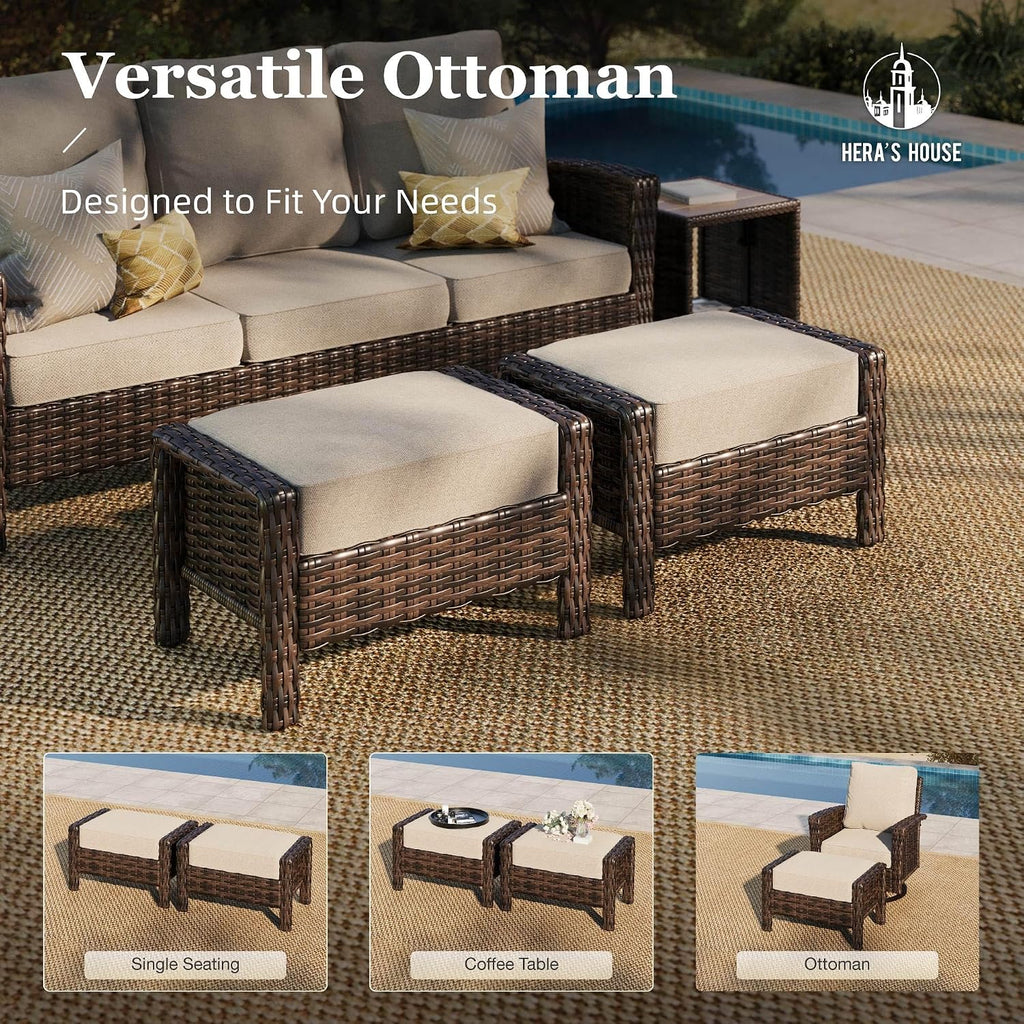 HERA'S HOUSE Wicker Patio Furniture Set, High Back Swivel Chairs with 5.5-Inch Thick Cushions, 6-Piece Outdoor Deep Seating Conversation Sets with Fire Pit Table & Ottomans for Deck Yard Garden, Beige