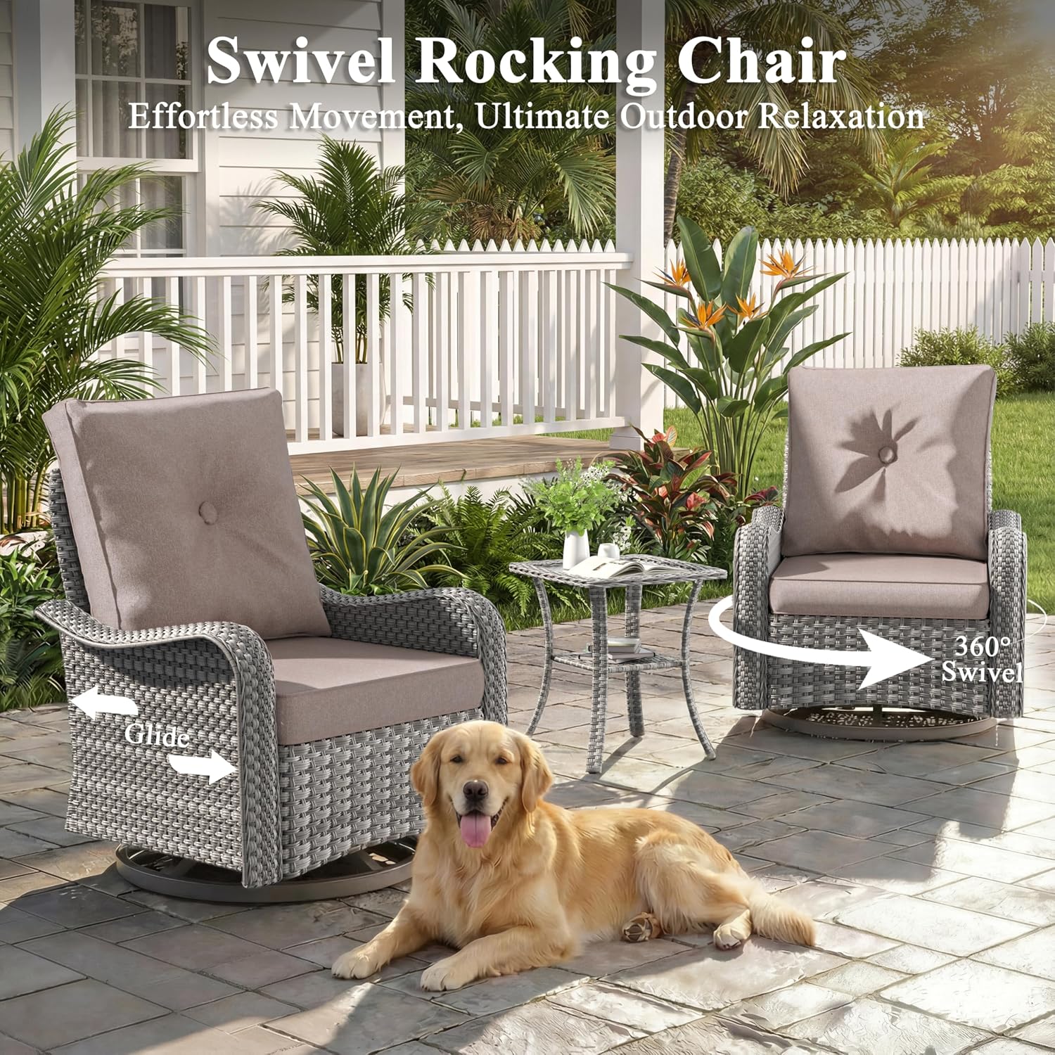 2-Seat Modern Patio Furniture Set with Swivel Rocking Chairs, Thick 4″ Cushions, Dual-Strand Wicker Rattan, Rust-Resistant Steel Frame – Outdoor Conversation & Modular Sectional,Beige