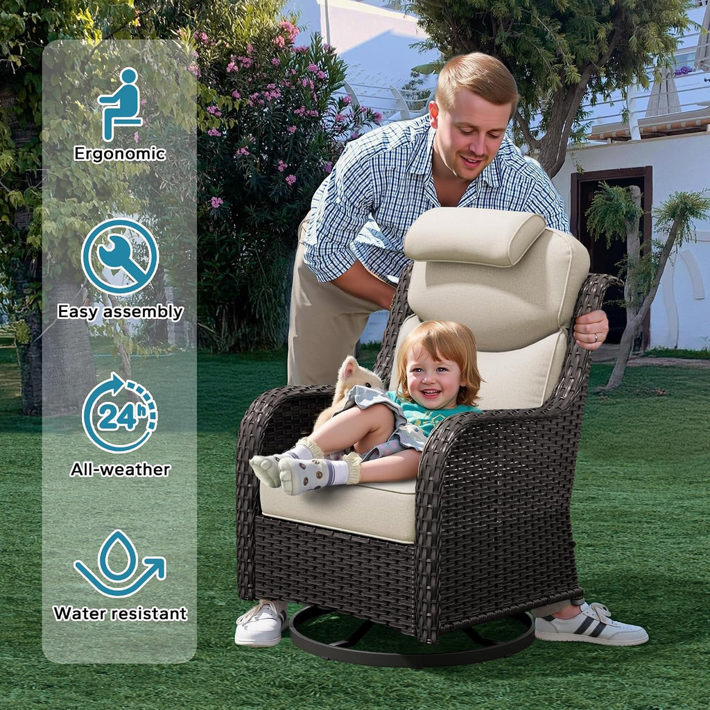 Patio Swivel Rocker Chairs of 2 with Ottomans and Side Table, 5 Pieces Patio Furniture Set, Outdoor Wicker High Back Glider Armchairs with Washable and Water-Resistant Cushions (Beige)