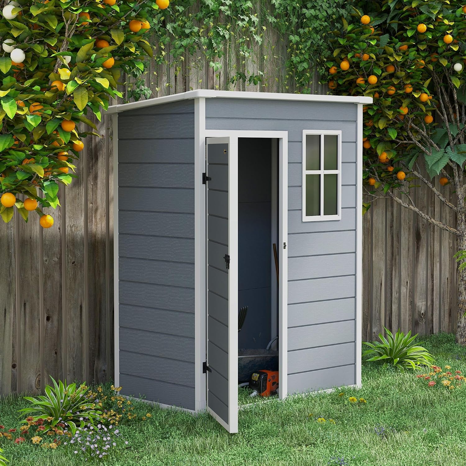 Outsunny 5' x 3' Outdoor Storage Shed, Waterproof Resin Plastic Shed with Floor, Window, Lockable Door and Vents, All-Weather Garden Tool Shed for Backyard, Patio, Lawn, Gray