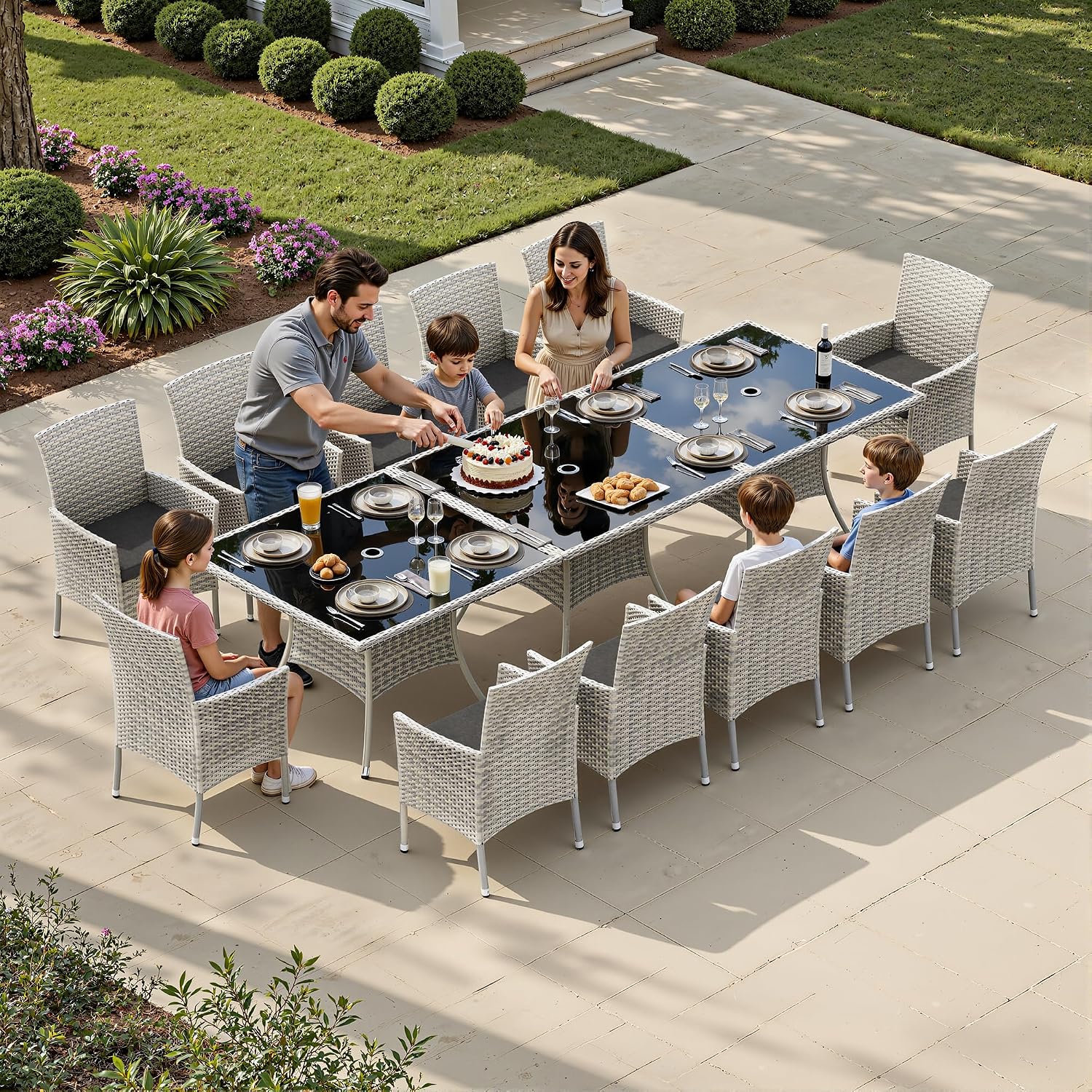 15-Piece Patio Dining Set, Patio Furniture Set with Square Tempered Glass Table & 12 Wicker Chairs, Expandable Design for Larger Groups, Outdoor Furniture for Backyard, Deck, Garden, Dark Grey