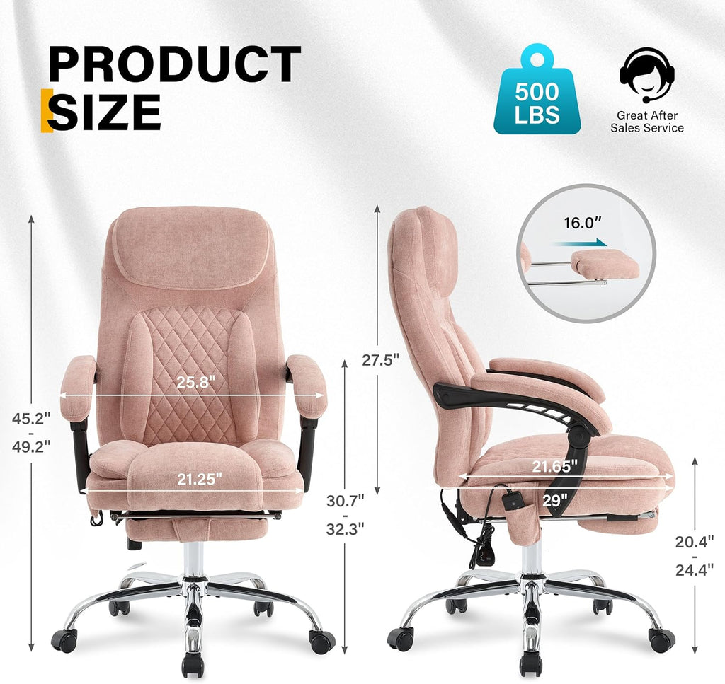 6-Point Massage Office Chair with Heated, Ergonomic Office Chair with Footrest & 45°Reclining High Back, Big and Tall Executive Office Chair 500LBS, Thick Cushion Desk Chair for Home Office, Pink
