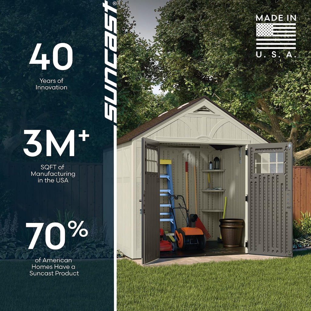 Suncast 8x7 Ft. Outdoor Storage Shed - Large Resin Shed with Floor, Lockable Double Doors, & Skylights. 378 Cu Ft Tremont Garden Sheds & Outdoor Storage for Lawn Tools, Riding Mowers, Bikes, & More