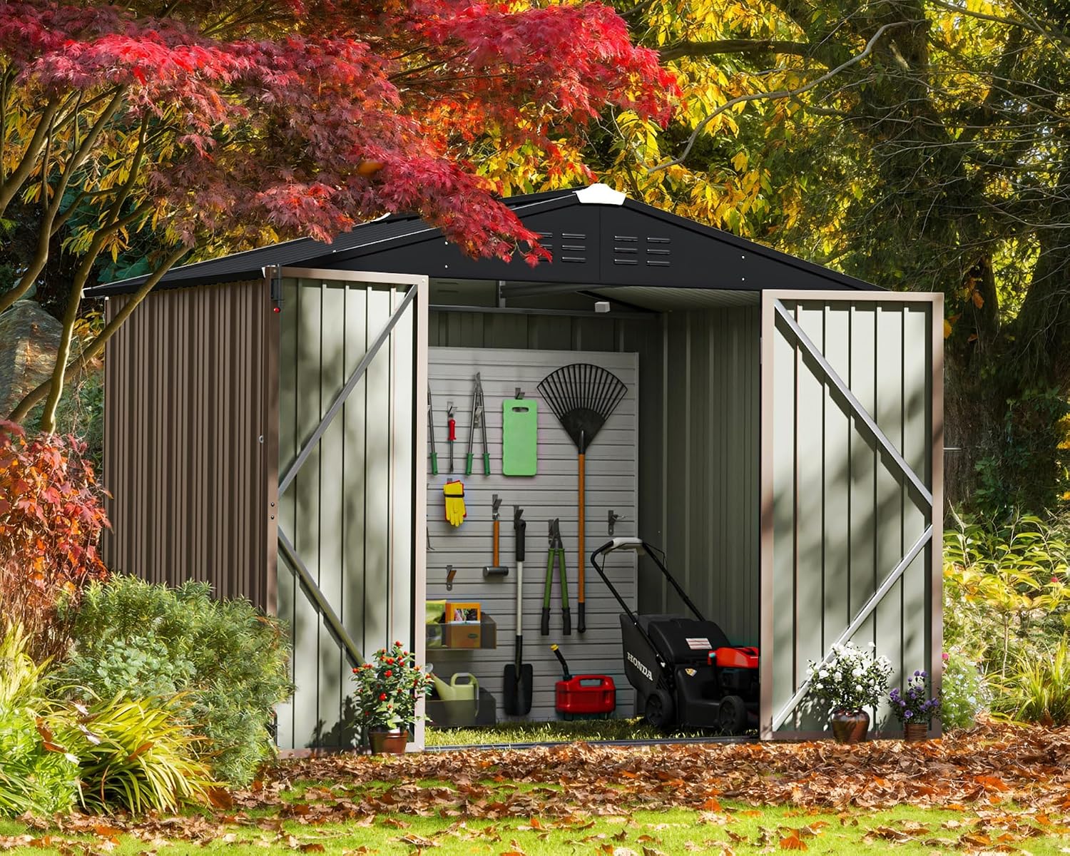 Greesum 8x6FT Outdoor Storage Shed, Utility Tool Shed with Sloping Roof, Metal Storaged Garden Shed with Door & Lock for Patio Storage, Brown
