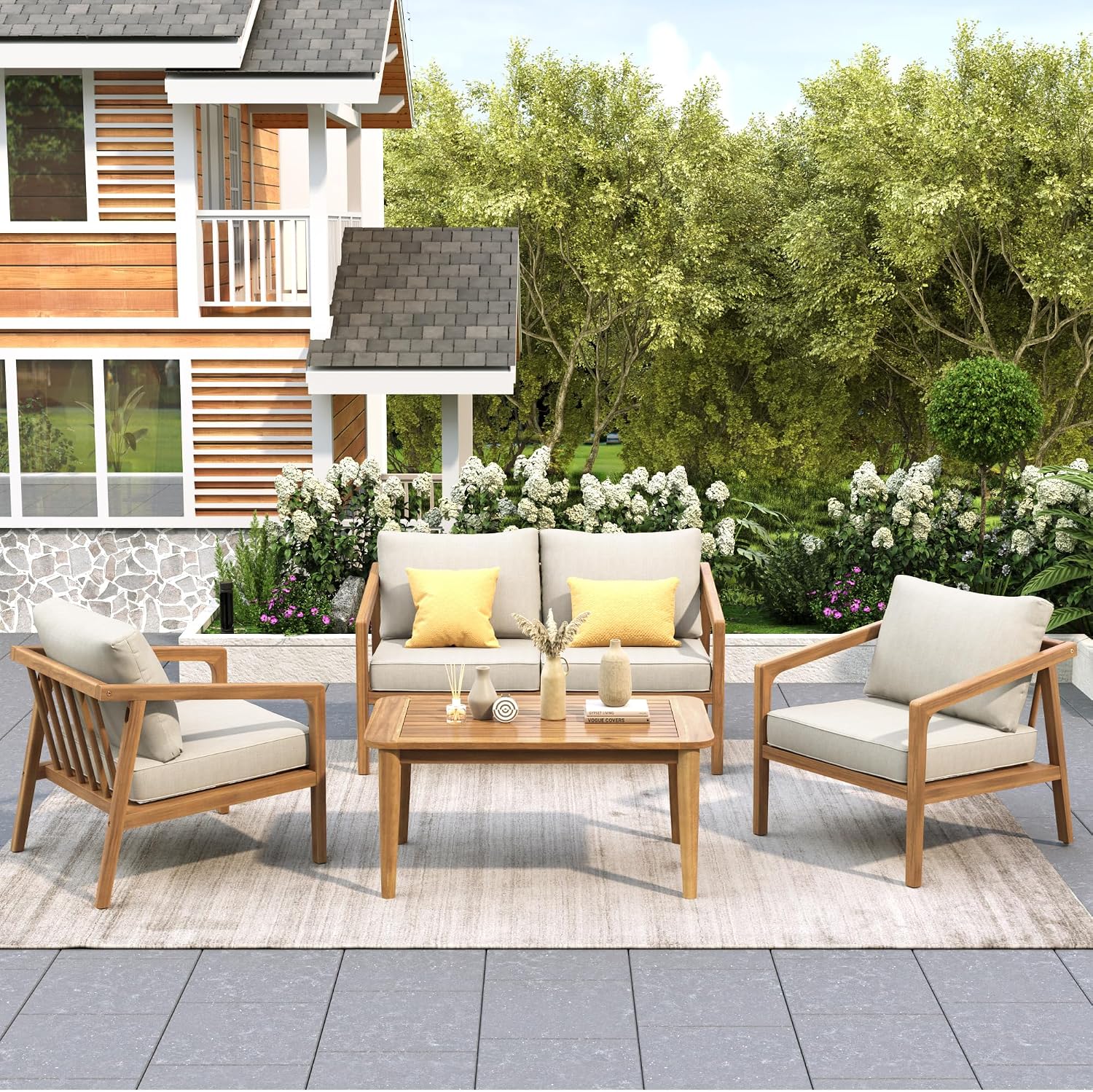 Christopher Knight Home Dena Patio 4-Piece Conversation Set, Outdoor 4-Seater Acacia Wood Sofa Chat Set,Garden Furniture,Loveseat,Coffee Table,Set of 2 Club Chairs, Removable Cushions, Teak+ Beige