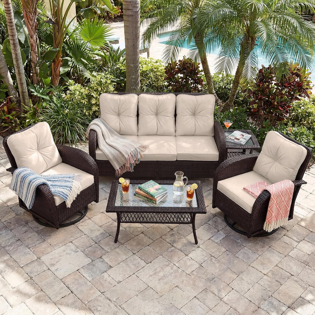 UPHA 5 Pieces Patio Furniture Sets, Wicker Outdoor 3-Seat Sofa Set with Swivel Chairs, Patio Conversation Set for Deck Backyard Garden, Brown Rattan, Beige Cushion