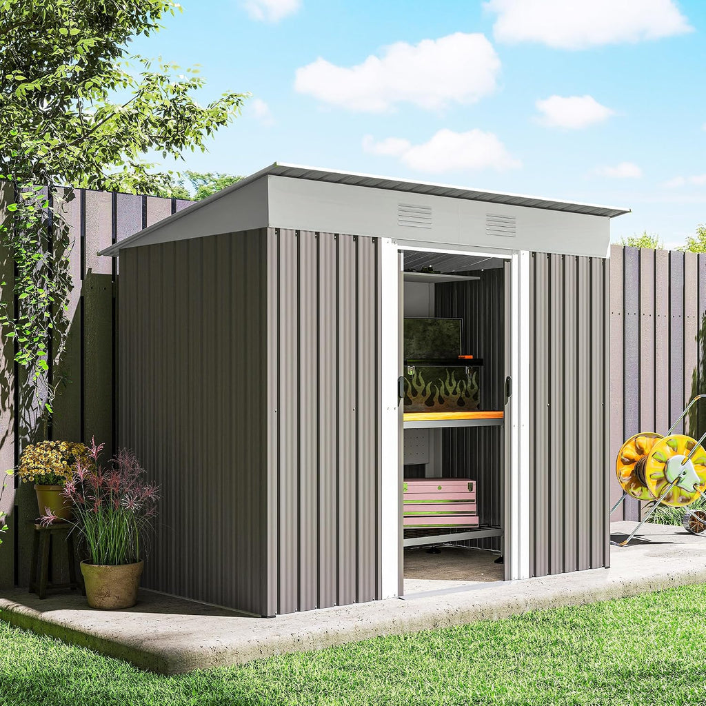 Outsunny 7' x 4' Metal Lean to Garden Shed, Outdoor Storage Shed, Garden Tool House with Double Sliding Doors, 2 Air Vents for Backyard, Patio, Lawn, Light Gray