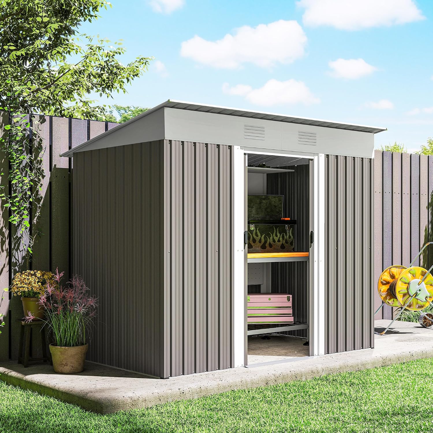 Outsunny 7' x 4' Metal Lean to Garden Shed, Outdoor Storage Shed, Garden Tool House with Double Sliding Doors, 2 Air Vents for Backyard, Patio, Lawn, Light Gray