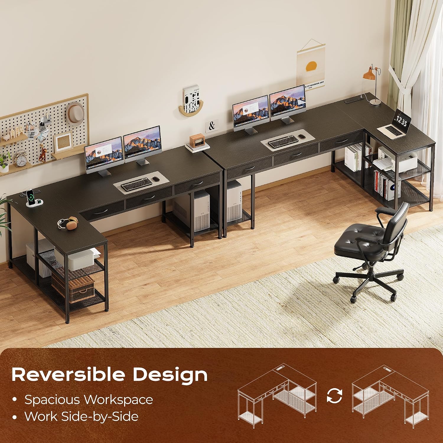 PRAISUN 63 Inch L Shaped Office Desk with Power Outlets and Type-C Port, Large Computer Gaming Desk with 3 Fabric Drawers, Mesh Shelves, Corner Study Work Writing Desk, Black