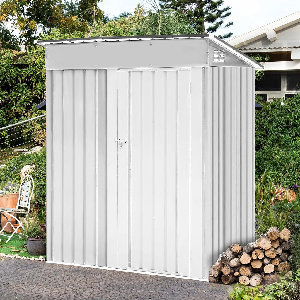 5x3 FT Outdoor Storage Shed Garden Shed Tool Shed with Lockable Door and Sloping Roof, Durable Metal Storage Shed for Backyard, Outside, Patio, White