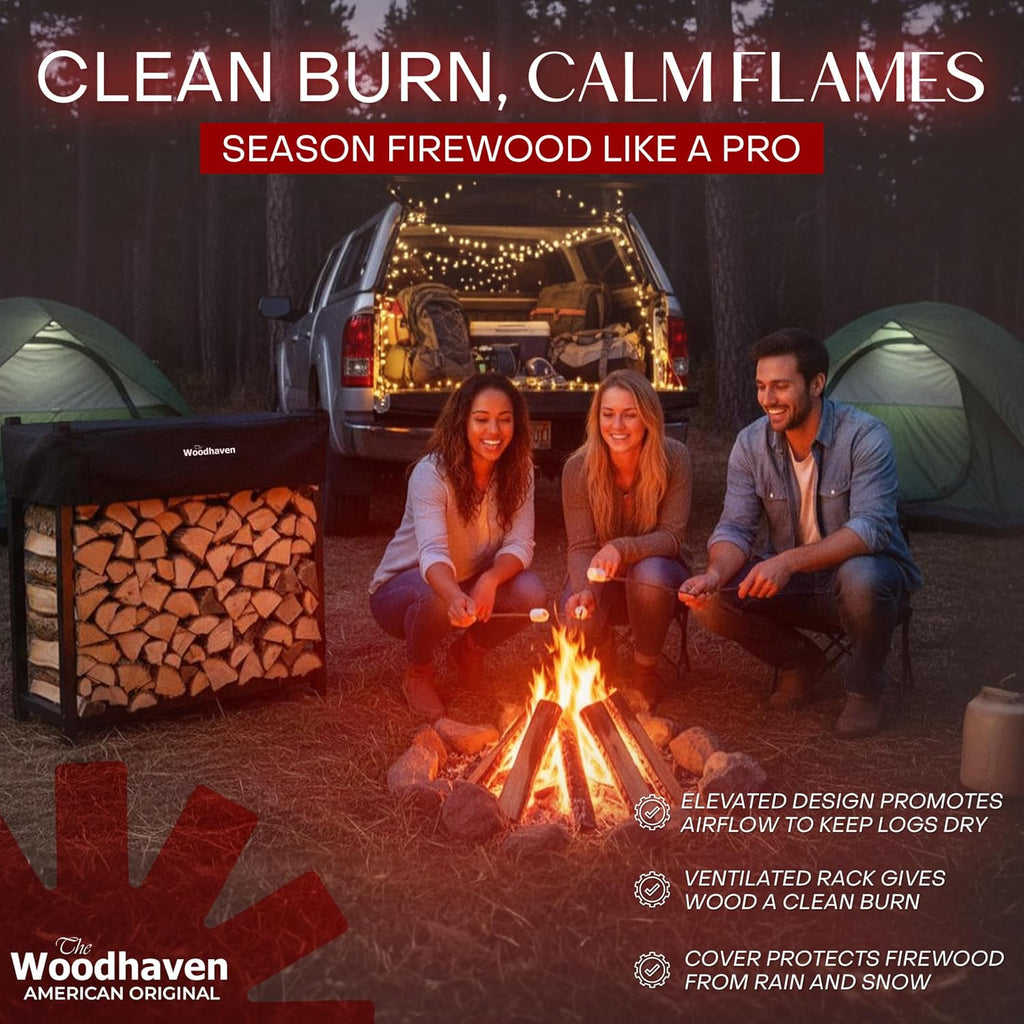 Woodhaven Black 4 Foot - Heavy Duty Made In USA - Indoor Outdoor - 1/4 Cord Firewood Storage Log Rack With Seasoning Cover Combo Set - Metal Log Storage - 48' x 48'