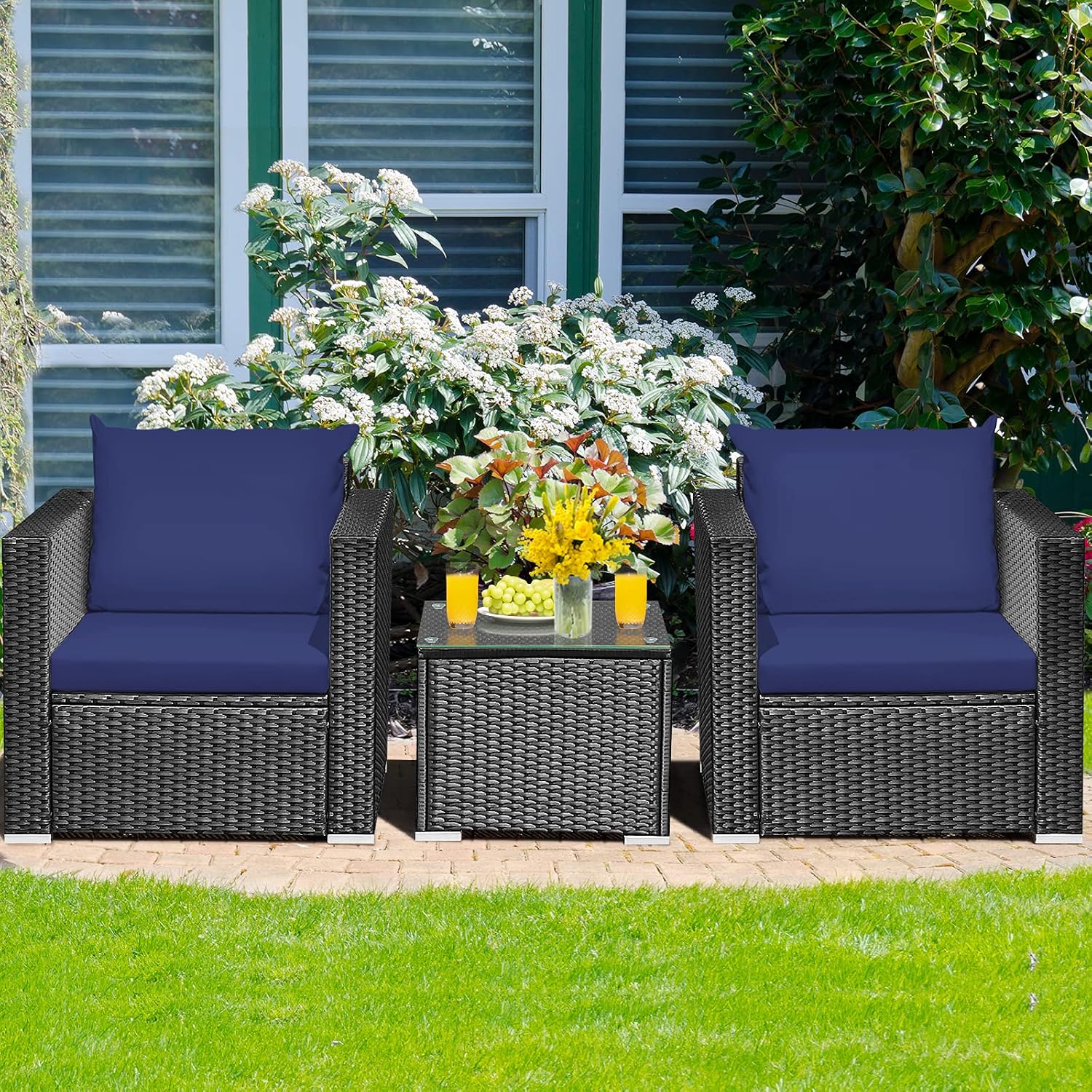 HAPPYGRILL 3-Piece Patio Furniture Set Rattan Wicker Patio Conversation Set with Coffee Table and Cushions Outdoor Sofa Set for Garden Balcony Porch Poolside