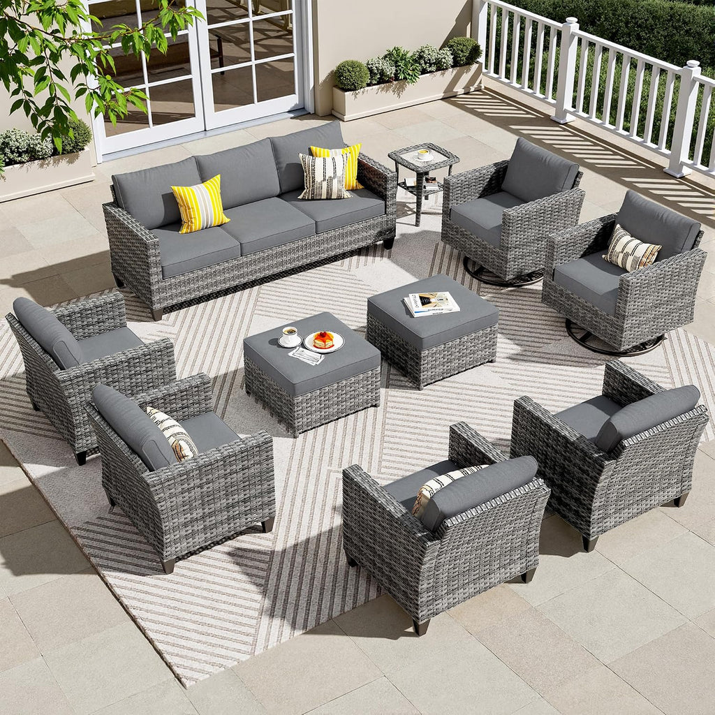 ovios 10 Pieces Patio Furniture Set, Outdoor Wicker Sofa Couch with Swivel Chairs, Rocking Glider Rocker with Comfy Cushions All Weather Rattan Conversation Set, Dark Grey