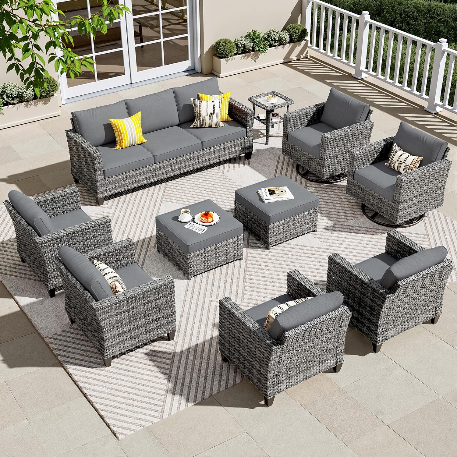 ovios 10 Pieces Patio Furniture Set, Outdoor Wicker Sofa Couch with Swivel Chairs, Rocking Glider Rocker with Comfy Cushions All Weather Rattan Conversation Set, Dark Grey