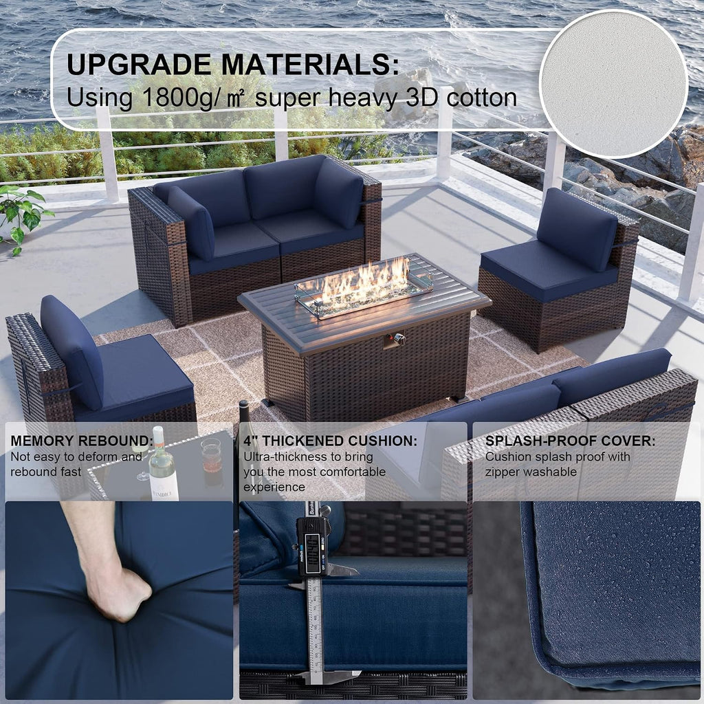 Kullavik 8 Pieces Outdoor Patio Furniture Set,Sectional Sofa Set with 43' 55000 BTU Gas Propane Fire Pit Table,Brown PE Rattan Wicker Patio Conversation Set,Navy Blue
