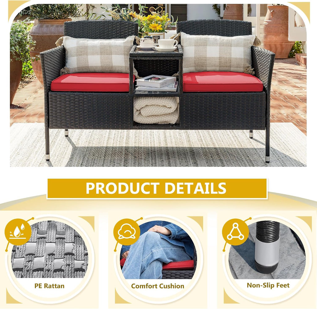 Devoko Outdoor Patio Loveseat Modern Rattan 2-Seat Patio Conversation Set with Cushions & Built-in Coffee Table Porch Furniture for Garden Lawn Backyard (Red)