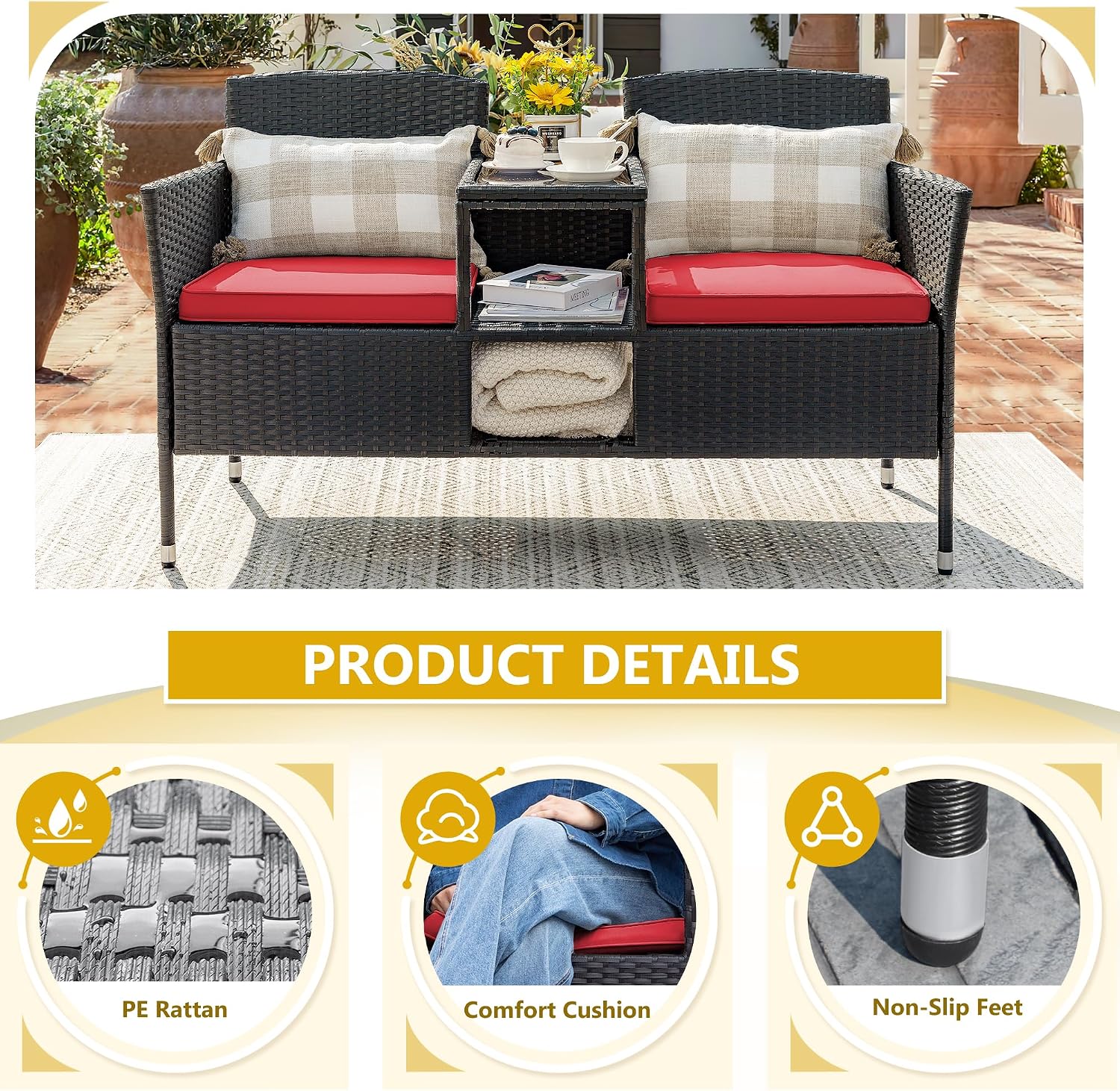 Devoko Outdoor Patio Loveseat Modern Rattan 2-Seat Patio Conversation Set with Cushions & Built-in Coffee Table Porch Furniture for Garden Lawn Backyard (Red)
