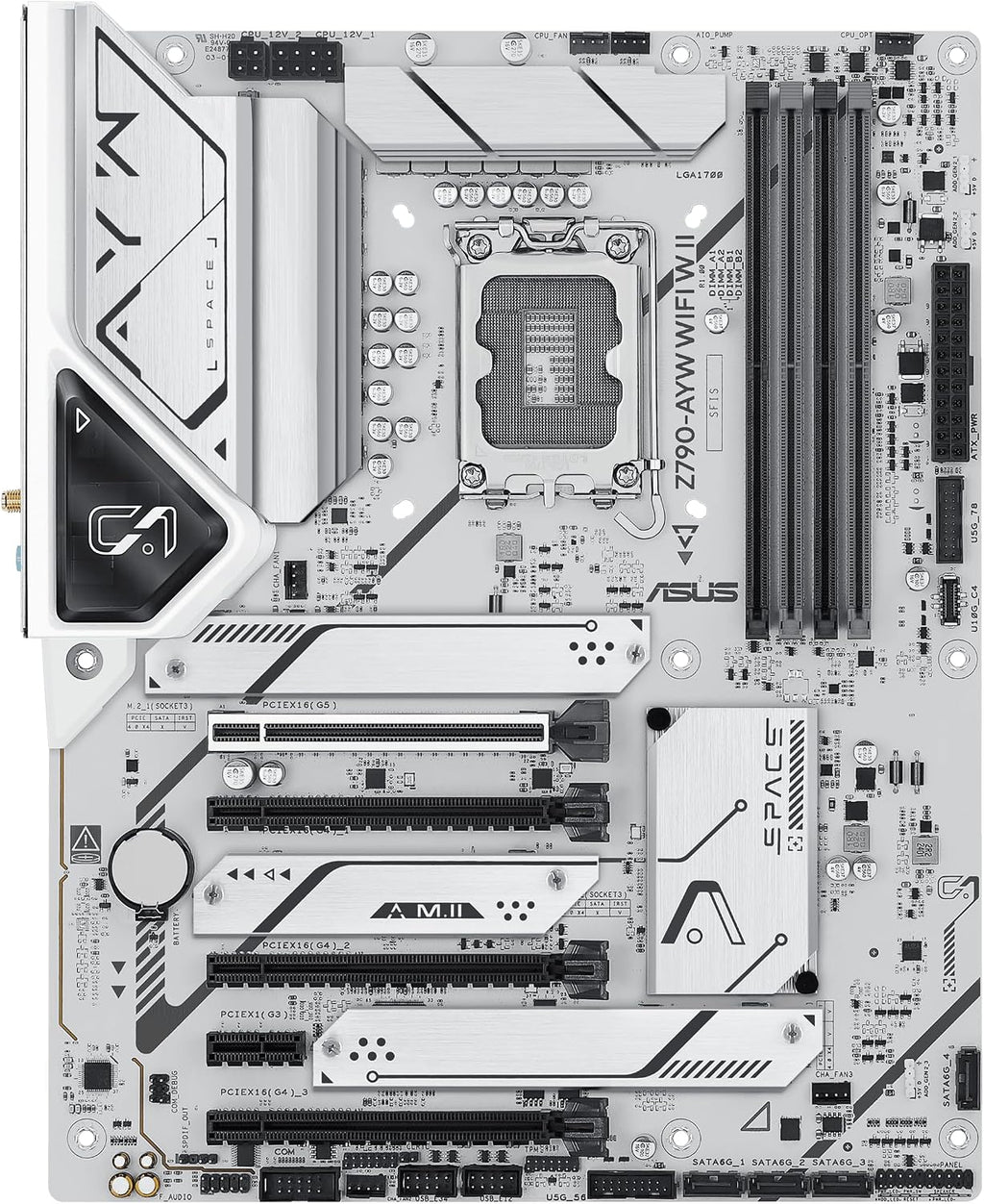 ASUS Z790-AYW WiFi W II Intel Z790 (LGA 1700) ATX Motherboard with PCIe® 5.0, 3X M.2, 12+1 DrMOS, DDR5, WiFi 6, 2.5Gb LAN, HDMI, USB 10Gbps Type-C®, USB 10Gbps Type-C®, Thunderbolt™, USB4®, Aura Sync