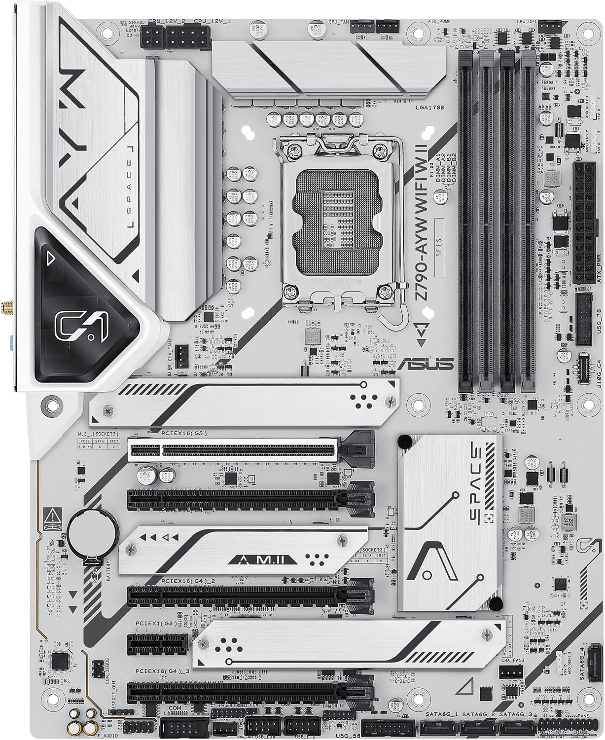 ASUS Z790-AYW WiFi W II Intel Z790 (LGA 1700) ATX Motherboard with PCIe® 5.0, 3X M.2, 12+1 DrMOS, DDR5, WiFi 6, 2.5Gb LAN, HDMI, USB 10Gbps Type-C®, USB 10Gbps Type-C®, Thunderbolt™, USB4®, Aura Sync