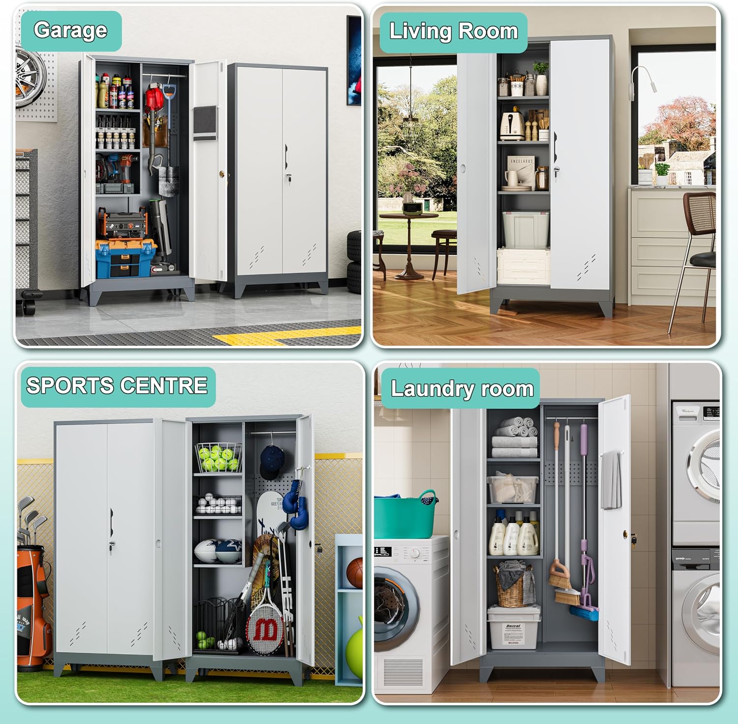 Storage Cabinet 61' H, Locking Cabinet with Doors and Shelves, Metal Pantry Cabinets for Tool Organization,Gray White Cabinet with Removable Pegboard for Garage,Utility Room,Office
