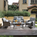 CAODOC 4-Piece Wicker Patio Furniture Set, All-Weather Rattan Conversation Bistro Loveseat Chair and Table Set for Backyard, Balcony and Deck with Soft Cushions and Metal Table(Dark Gray)