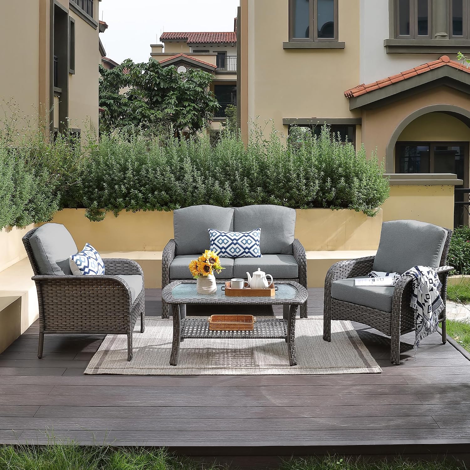CAODOC 4-Piece Wicker Patio Furniture Set, All-Weather Rattan Conversation Bistro Loveseat Chair and Table Set for Backyard, Balcony and Deck with Soft Cushions and Metal Table(Dark Gray)