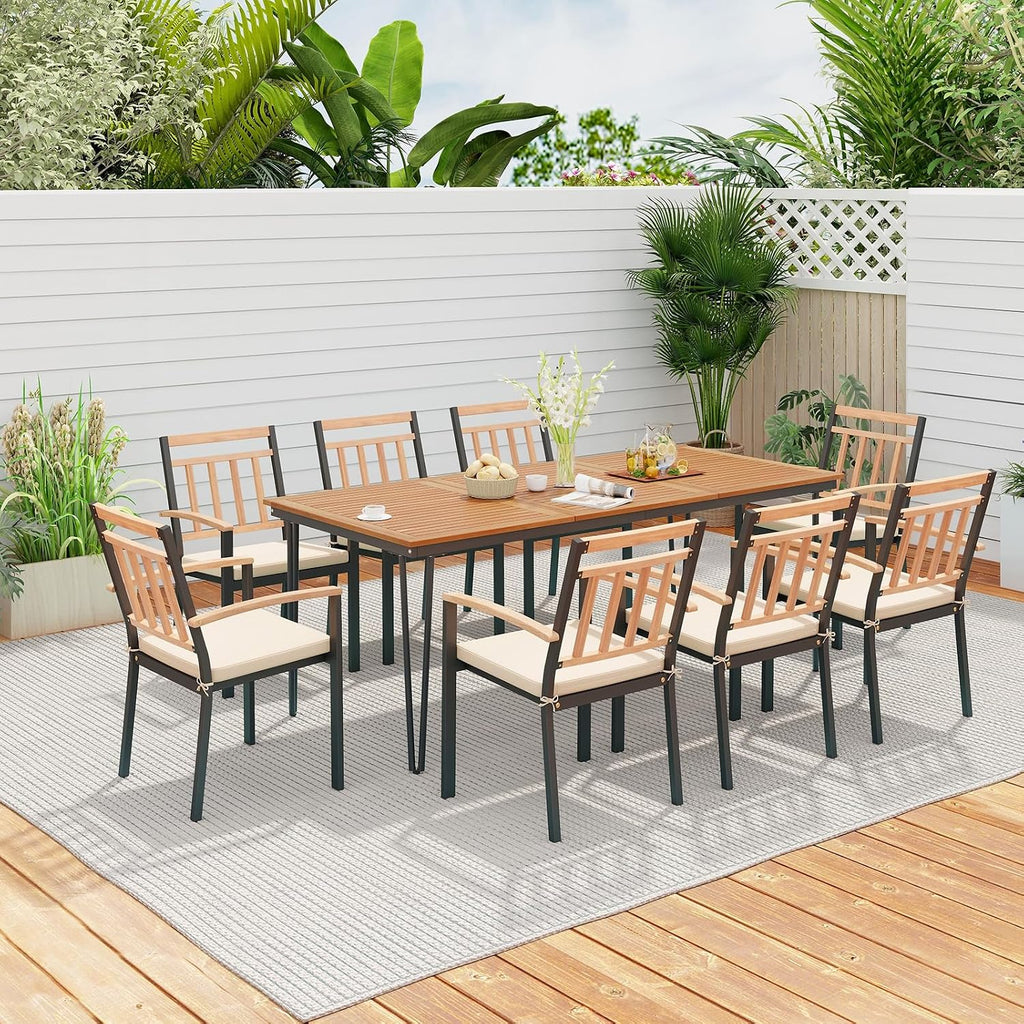 Tangkula 9 Piece Patio Dining Set, Outdoor Dining Furniture Set w/Rectangular Acacia Wood Dining Table & 8 Cushioned Chairs, Metal Frame Dining Set w/Umbrella Hole for Yard, Porch, Garden, Deck