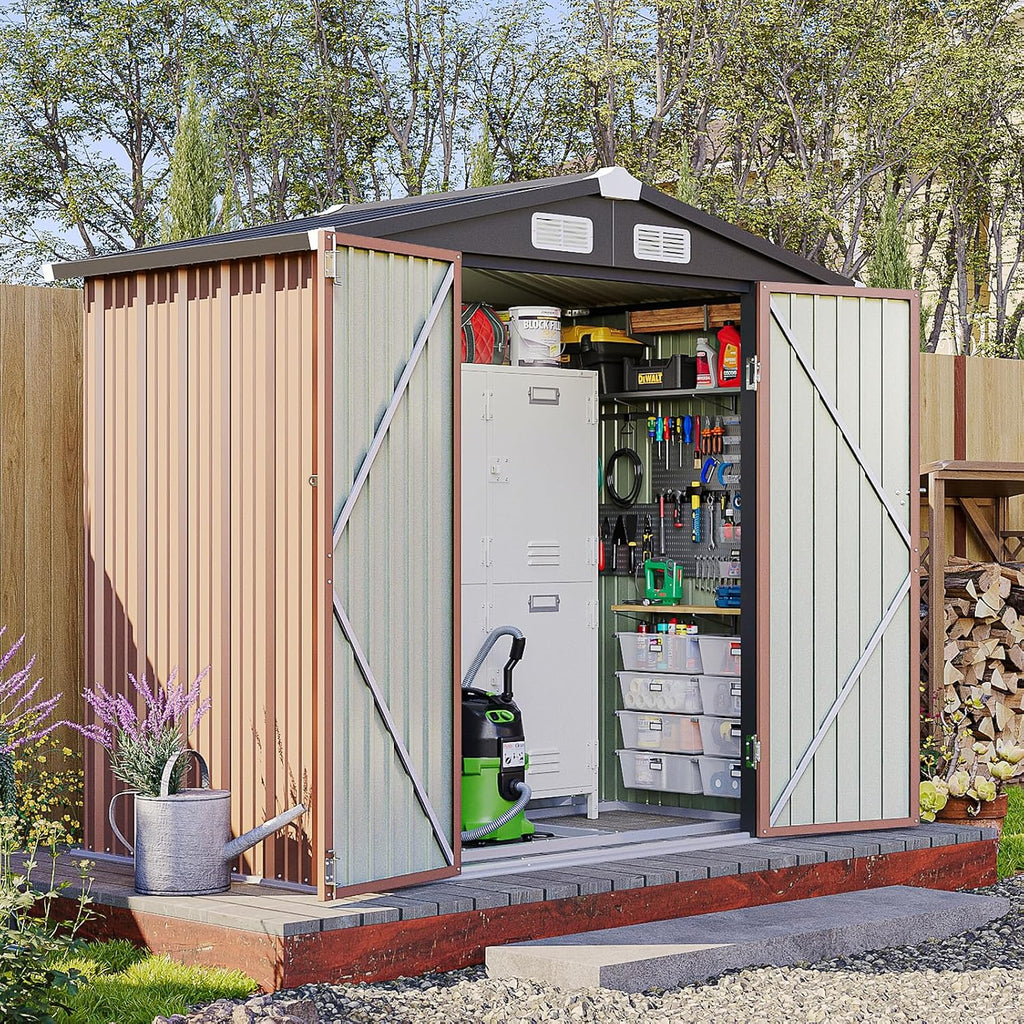 6x4FT Outdoor Storage Shed with Base, Metal Garden Tool Shed with Sloping Roof & Lockable Door for Patio Lawn Backyard (Dark/Base)