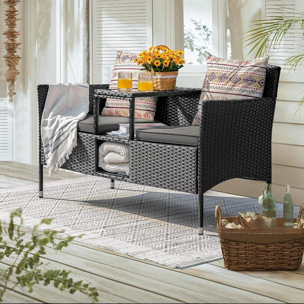 Devoko Outdoor Patio Loveseat Modern Rattan 2-Seat Patio Conversation Set with Cushions & Built-in Coffee Table Porch Furniture for Garden Lawn Backyard (Grey)