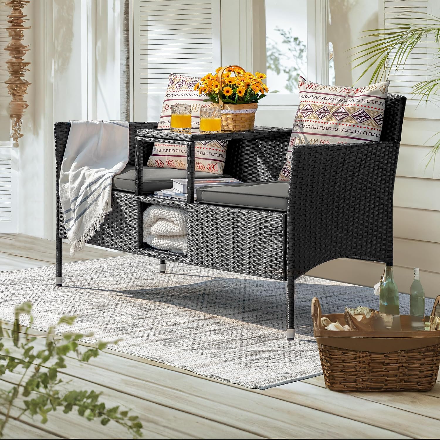 Devoko Outdoor Patio Loveseat Modern Rattan 2-Seat Patio Conversation Set with Cushions & Built-in Coffee Table Porch Furniture for Garden Lawn Backyard (Grey)