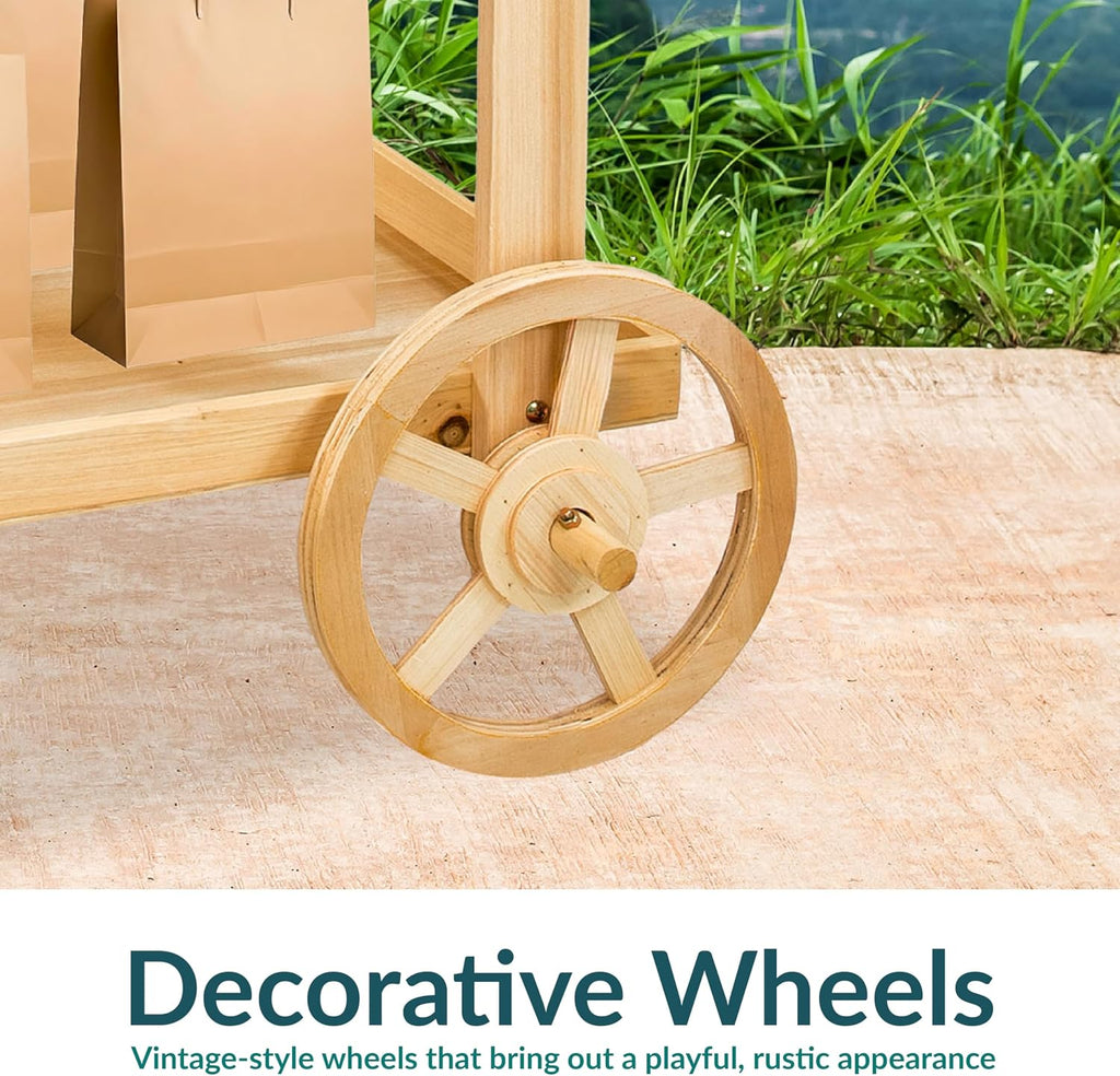 Sunnydaze Country Market Flower Cart Display Stand with Wheels - 2 Shelves - Fir Wood - 30 lb Weight Capacity - Natural Fir
