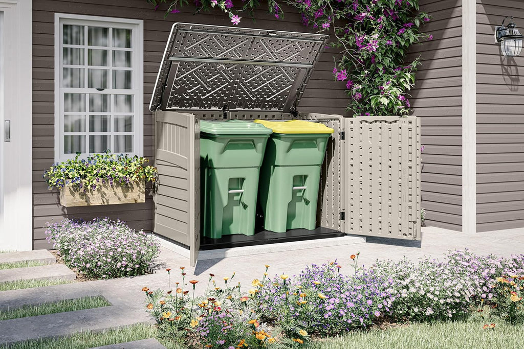 Suncast 5.9 ft. x 3.7 ft Horizontal Stow-Away Storage Shed - Natural Wood-Like Outdoor Storage for Trash Cans and Yard Tools - All-Weather Resin, Hinged Lid, Reinforced Floor - Made in The USA