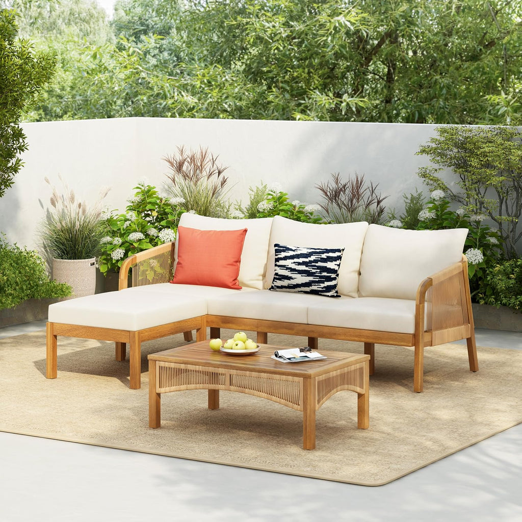 Christopher Knight Home Havets 3 Pieces Acacia Wood Patio Furniture Set, Faux Rattan Sofa and Coffee Table, Outdoor Conversation Sets with 6' Thick Cushions for Backyard Garden Balcony, Teak+Beige