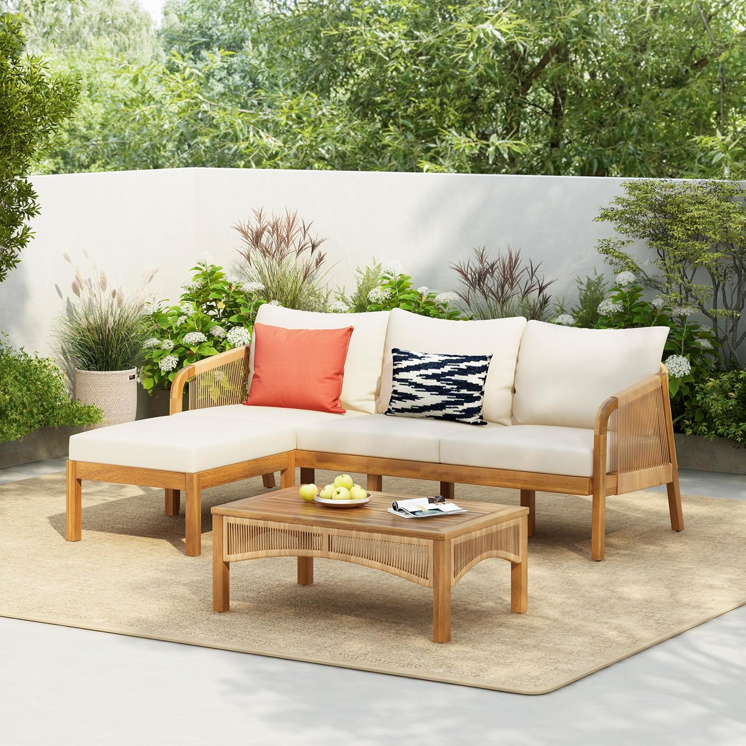 Christopher Knight Home Havets 3 Pieces Acacia Wood Patio Furniture Set, Faux Rattan Sofa and Coffee Table, Outdoor Conversation Sets with 6' Thick Cushions for Backyard Garden Balcony, Teak+Beige