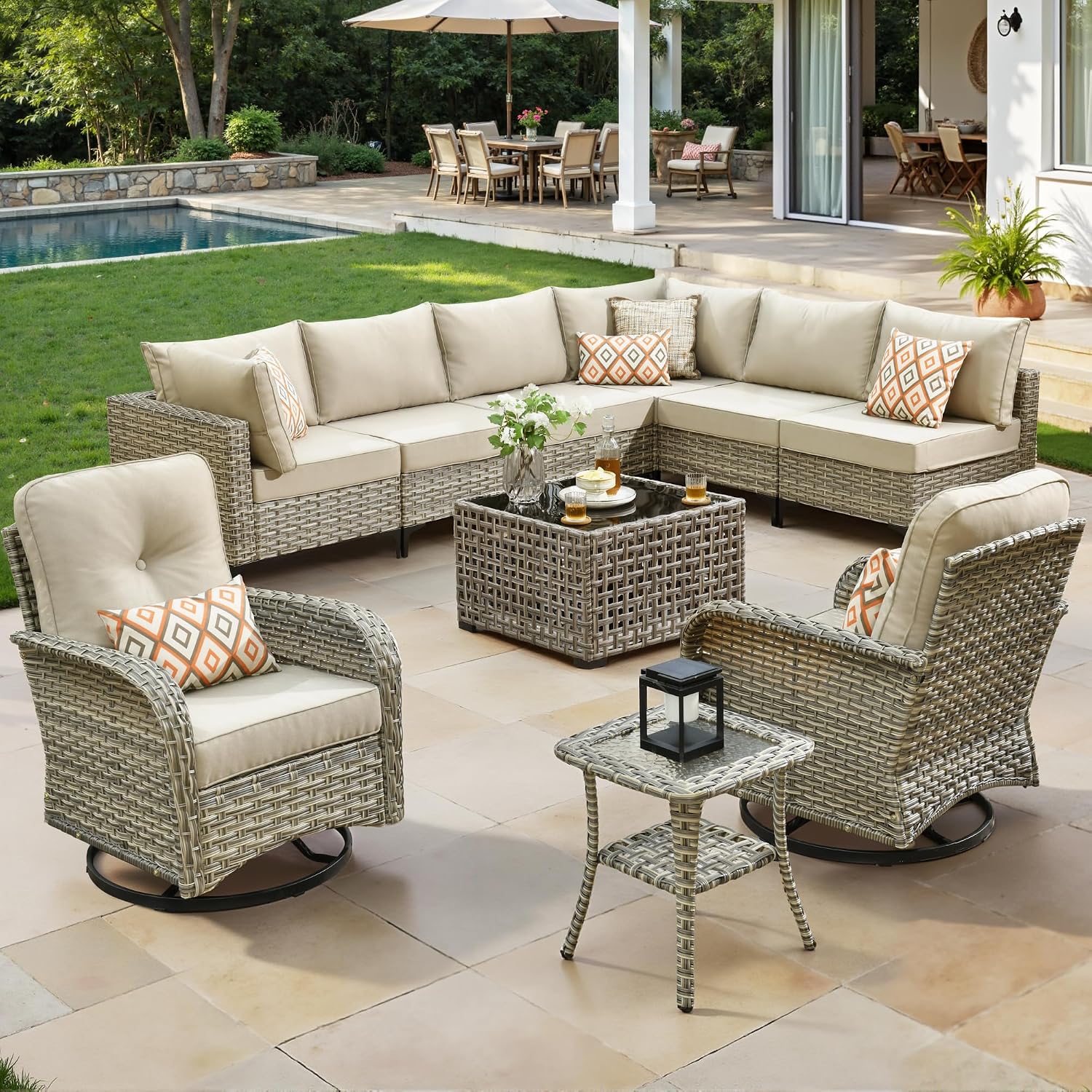 10 Piece Outdoor Patio Furniture with Swivel Rocking Chair, Rattan Wicker Conversation Set with Glowing Coffee Table, Sectional Single Chairs for Porch Balcony Backyard Pool,Beige