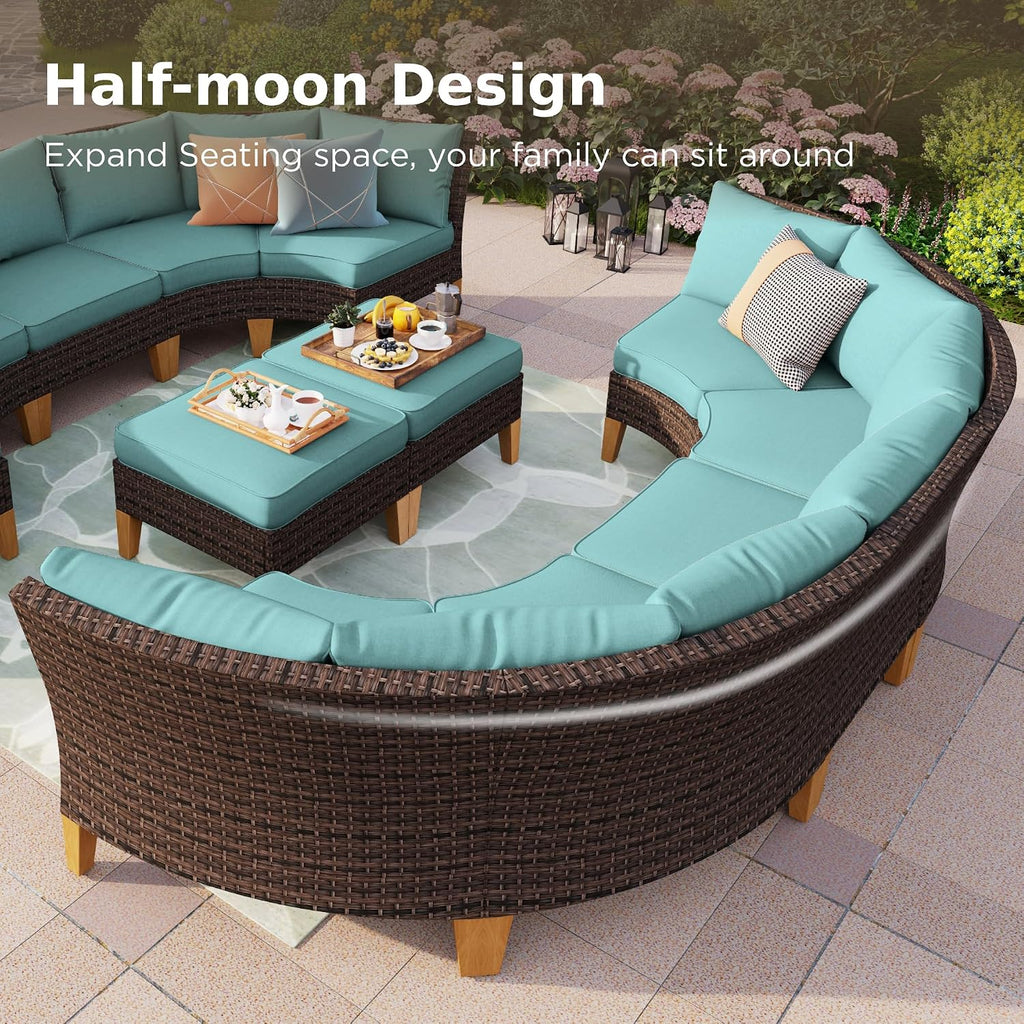PHI VILLA 3-Piece Half-Moon Patio Furniture Set, Outdoor Curved Sectional Sofa Conversation Set with Cushions, Wicker Modular Couch for Garden, Deck, Backyard, Aqua Blue