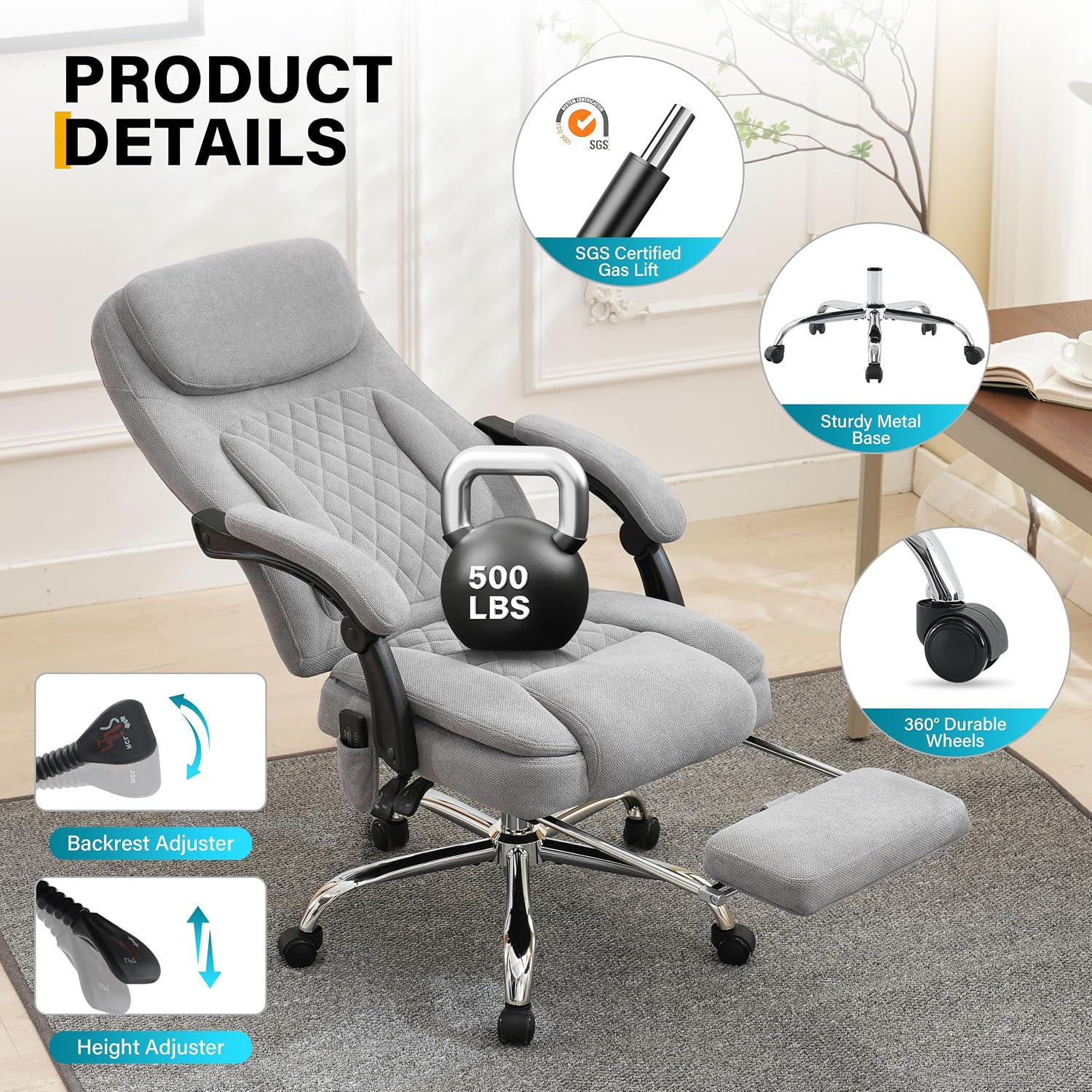 6-Point Massage Ergonomic Office Chair with Heated, Footrest & 45Reclining High Back, Big and Tall Executive Desk Chair 500LBS, Thick Cushion for Home Office, Grey