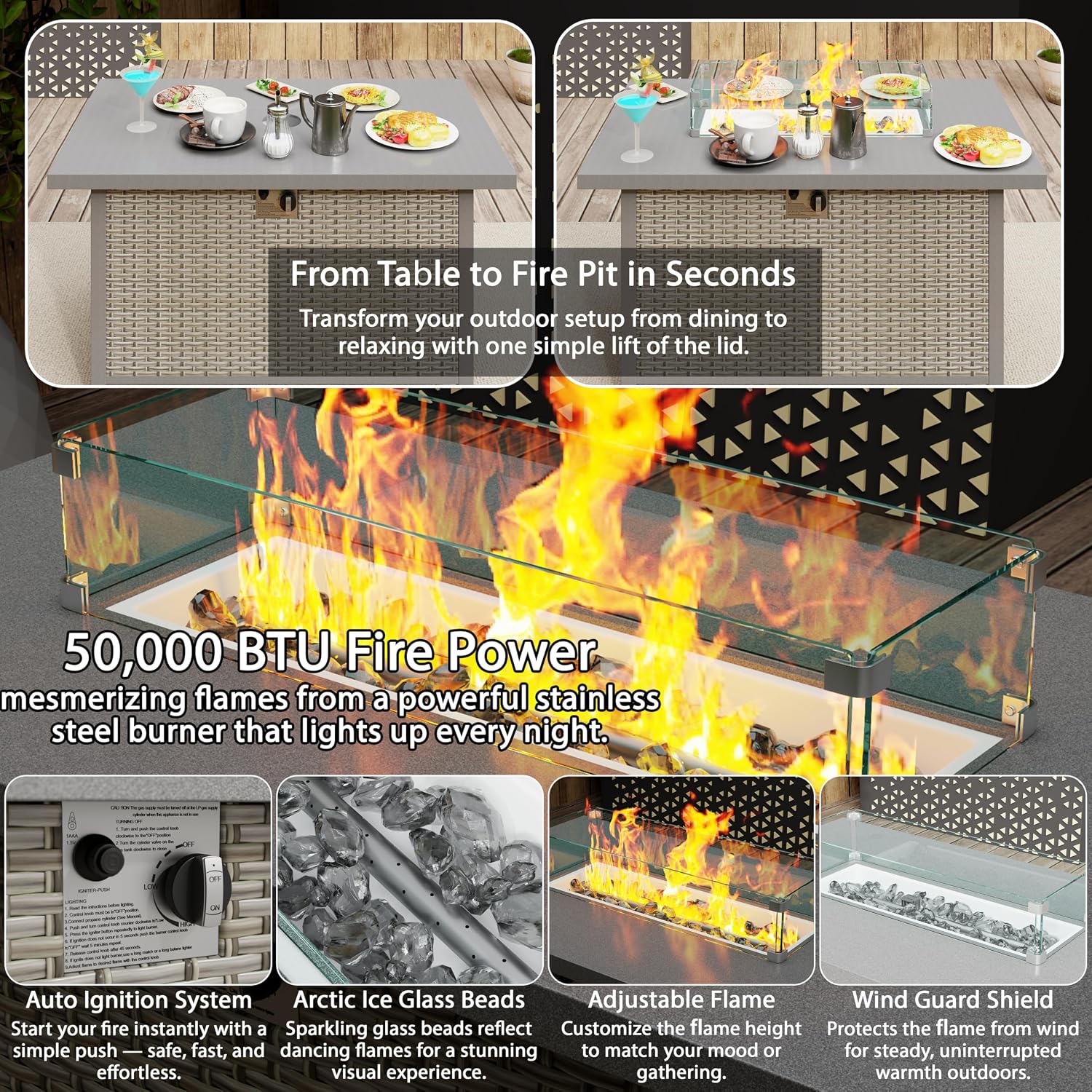 7 Piece Patio Furniture Set with 50,000 BTU Rattan Fire Pit Table that Converts to Coffee Table, 9.8' Wide Arm Sectional Sofa with Storage Armrests, Outdoor Rattan Conversation Set, Khaki