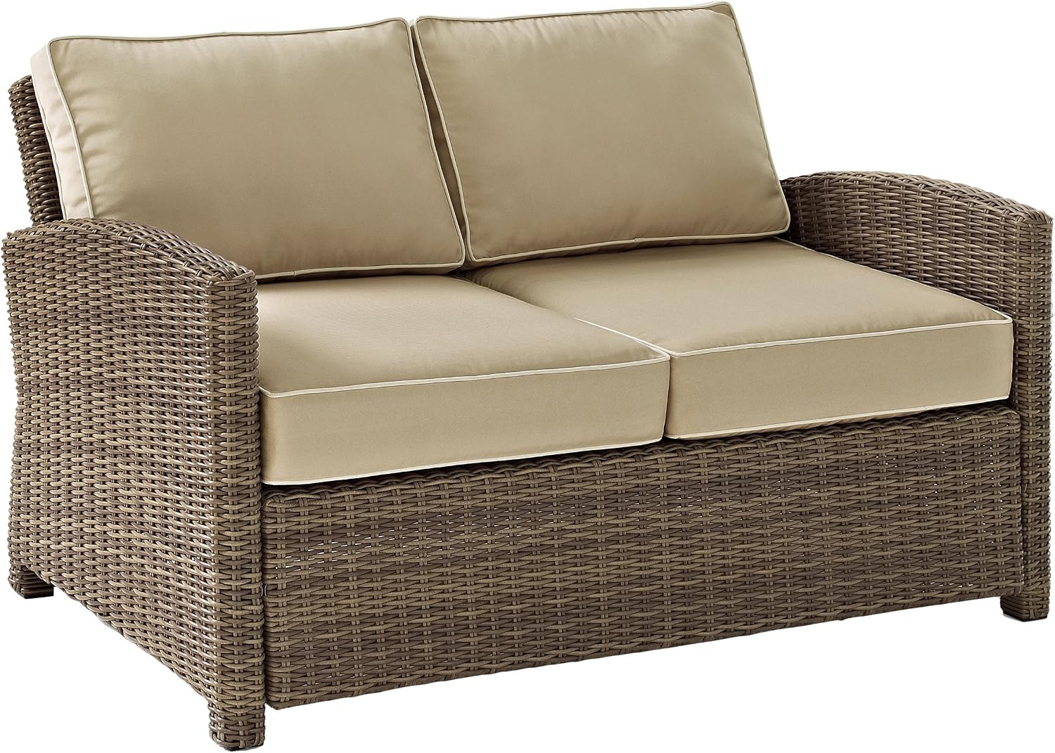 Crosley Furniture Bradenton 4-Piece Outdoor Loveseat Patio Furniture Set, Wicker Conversation Sets for Porch, Brown with Sand Cushions